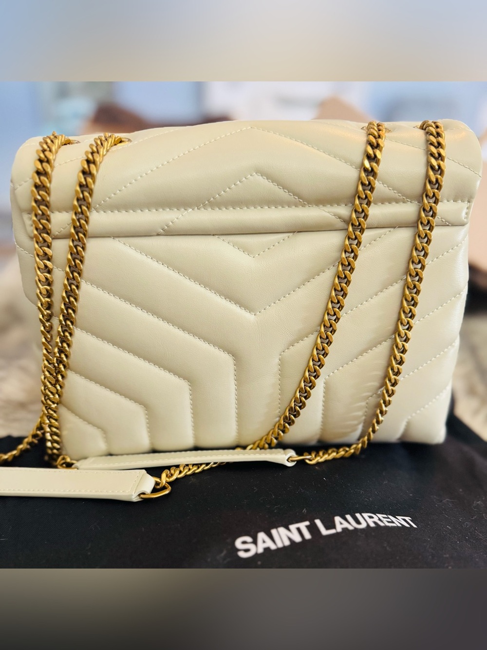 Saint Laurent Small Cream Loulou Leather Shoulder Bag with Gold Chain - Picture 2 of 7